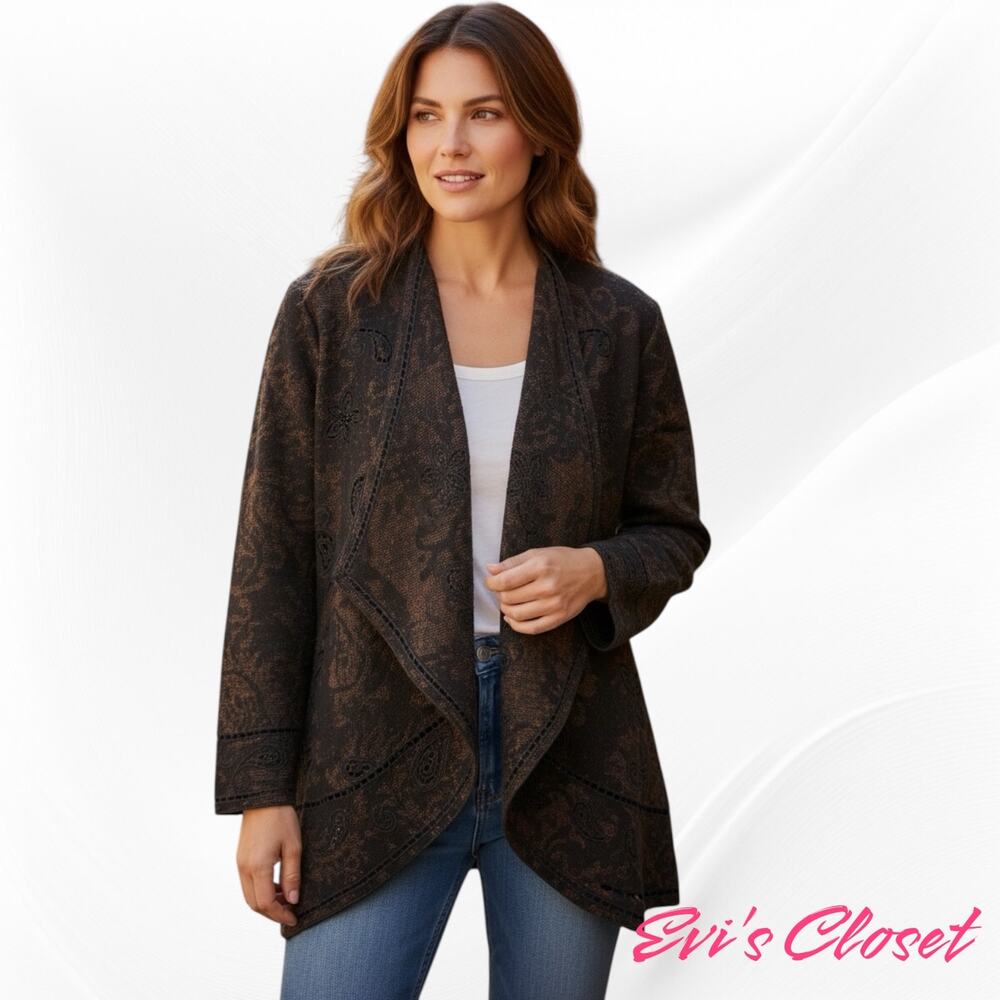 Chico's Brown Embroidered Floral Paisley Jacket Sz 2 US 12 Open Front